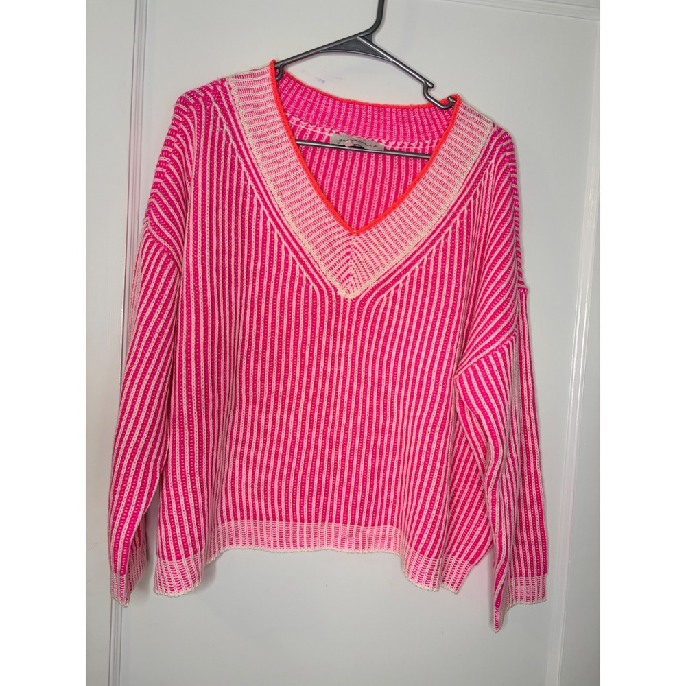 Generation K Neon Pink White Striped‎ V Neck Knit Sweater Top Women's Medium